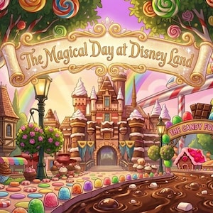 Puede incluir: Ilustración caprichosa de un parque de atracciones con temática de dulces. La imagen presenta un castillo, árboles de caramelos y un camino de chocolate. El texto dice "The Magical Day at Disney Land" y "The Candy Forest". También se ven cupcakes y piruletas.