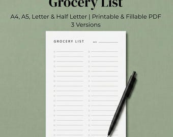 Grocery List Printable & Fillable PDF, 3 Designs, Minimalist Shopping List, Grocery Chart, A4 A5 Letter Half Letter