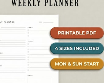 Minimalist Weekly Planner Printable PDF, Undated Schedule (A4, A5, Letter)