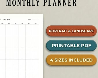 Minimalist Monthly Planner, Undated PDF, Sunday/Monday Start, Portrait/Landscape (Digital Download)