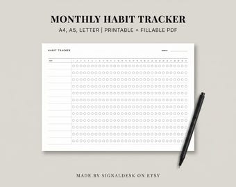 Monthly Habit Tracker Printable | Habit Tracker PDF A4 A5 Letter | Daily Habit Journal + Bullet Journal Pages | Fillable Undated