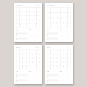 May include: Four white calendar pages for the year 2027, labeled January, February, March, and April. Each page features a grid for the month, a section for to-do lists with horizontal lines, and a dotted grid area for notes in black ink.