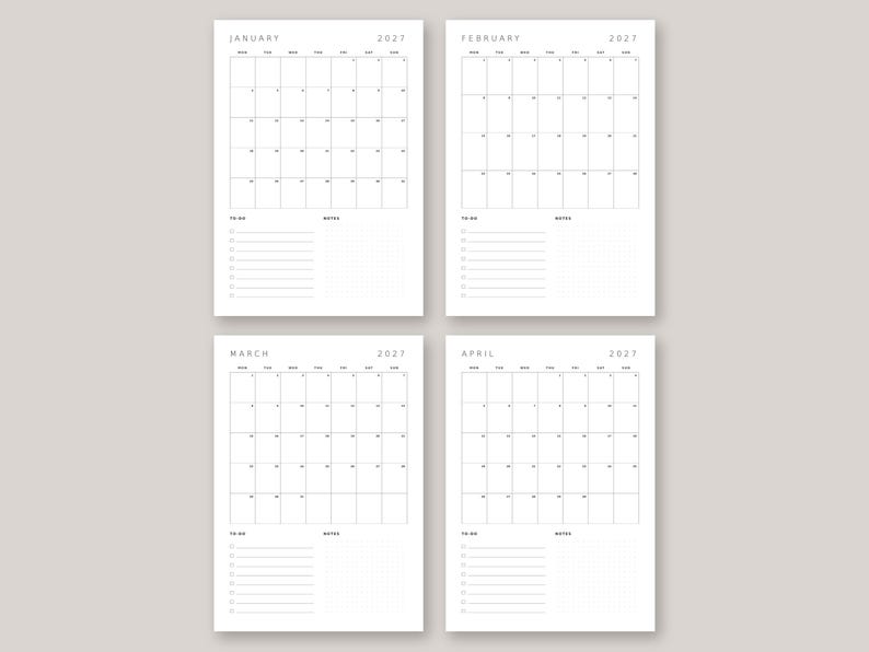 May include: Four white calendar pages for the year 2027, labeled January, February, March, and April. Each page features a grid for the month, a section for to-do lists with horizontal lines, and a dotted grid area for notes in black ink.