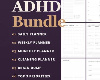ADHD Digital Planner Bundle | Daily Weekly Monthly Planner | Cleaning Schedule + Checklist | Brain Dump + Top 3 | Printable & Fillable PDF