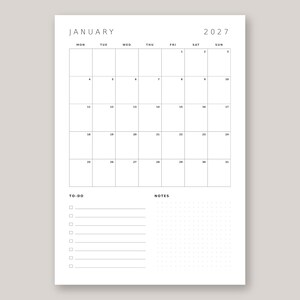 May include: A white monthly calendar page for January 2027 with a black grid layout. The top section displays the month and year, followed by a grid of days from Monday to Sunday. The bottom section includes a to-do list with checkboxes and a dotted notes area.