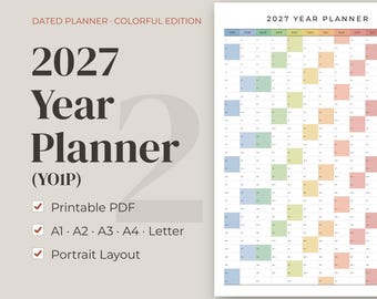 May include: A 2027 year planner in a portrait layout, featuring a colorful grid design. The text reads 2027 YEAR PLANNER, DATED PLANNER COLORFUL EDITION, YO1P, Printable PDF, A1, A2, A3, A4, Letter, and Portrait Layout. The grid displays months and days.