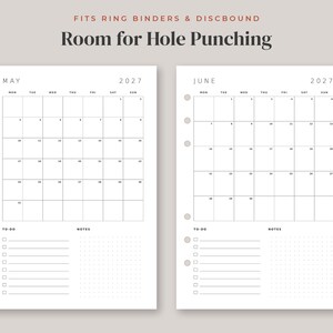 May include: Two white planner pages for May and June 2027 with black text. Each page features a monthly calendar grid, a to-do list with checkboxes, and a notes section. The text reads Fits Ring Binders & Discbound Room for Hole Punching.