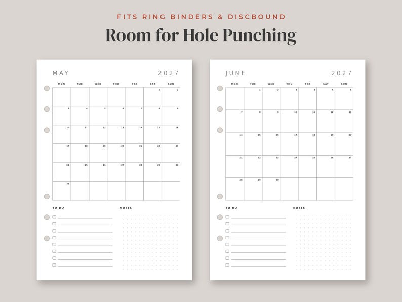 May include: Two white planner pages for May and June 2027 with black text. Each page features a monthly calendar grid, a to-do list with checkboxes, and a notes section. The text reads Fits Ring Binders & Discbound Room for Hole Punching.