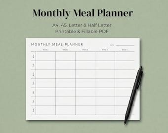 Monthly Meal Planner Printable PDF, 2 Designs, Sunday & Monday Start, Fillable Digital Meal Plan