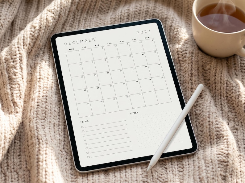 May include: A digital tablet displaying a December 2027 calendar page with a grid layout, a to-do list section with checkboxes, and a notes section. A white stylus rests on the screen, which features a clean, minimalist design with black text.