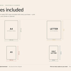 May include: A digital printable planner guide displaying four paper sizes: A4 at 210 mm by 297 mm, A5 at 148 mm by 210 mm, Letter at 8.5 inches by 11 inches, and Half Letter at 5.5 inches by 8.5 inches, with text labels for each format.
