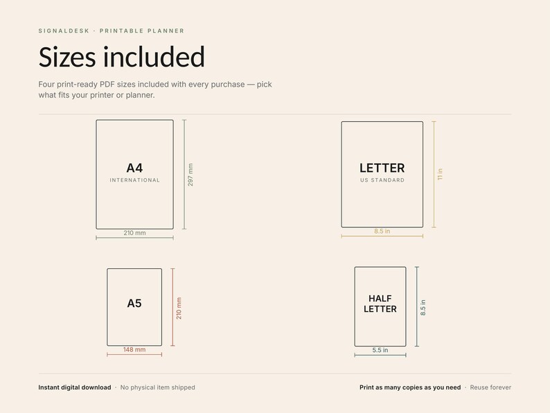 May include: A digital printable planner guide displaying four paper sizes: A4 at 210 mm by 297 mm, A5 at 148 mm by 210 mm, Letter at 8.5 inches by 11 inches, and Half Letter at 5.5 inches by 8.5 inches, with text labels for each format.