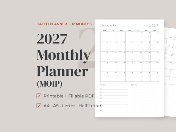 2027 Monthly Planner Printable & Fillable PDF, 12 Month Calendar, Month at a Glance, Minimalist Monthly Organizer MO1P, A4 A5 Letter