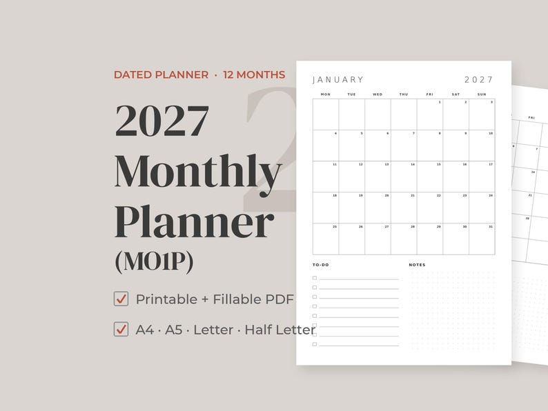 May include: A 2027 monthly planner printable and fillable PDF document. The text reads DATED PLANNER 12 MONTHS 2027 Monthly Planner (M01P) Printable + Fillable PDF A4 A5 Letter Half Letter. The calendar page shows January 2027 with a grid.