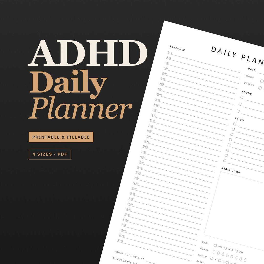 ADHD Daily Planner Printable, Adult ADHD Planner PDF, Minimalist Hourly ...