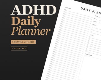 ADHD Daily Planner Printable, Adult ADHD Planner PDF, Minimalist Hourly Schedule, Mood + Focus Tracker, Brain Dump, A4 A5 Letter