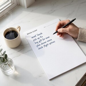 May include: A notepad with the words "BRAIN DUMP" and a list of tasks is being written on with a black pen. A beige mug of coffee and a small glass vase with greenery are also on the white marble surface.