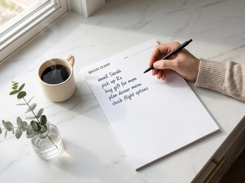 May include: A notepad with the words "BRAIN DUMP" and a list of tasks is being written on with a black pen. A beige mug of coffee and a small glass vase with greenery are also on the white marble surface.