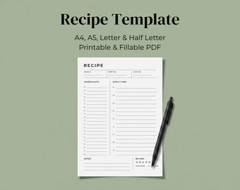 Recipe Card Template, Printable & Fillable Recipe Template PDF, Minimal Recipe Organizer, A5 Recipe Planner Binder Insert, A4 Letter Sizes