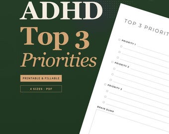 ADHD Top 3 Priorities Planner, Daily Focus Priority List, Printable & Fillable PDF, Simple To Do List, ADHD Productivity Tool