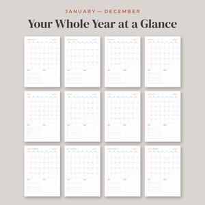 May include: A twelve-month wall calendar layout featuring white pages with black text and grid lines. The header reads "JANUARY - DECEMBER" and "Your Whole Year at a Glance." Each month displays a standard calendar grid with space for notes.