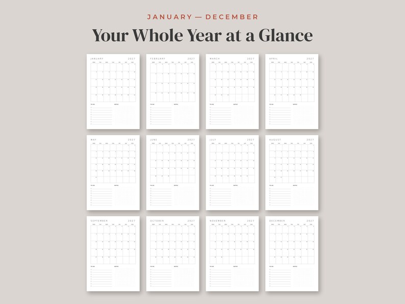 May include: A twelve-month wall calendar layout featuring white pages with black text and grid lines. The header reads "JANUARY - DECEMBER" and "Your Whole Year at a Glance." Each month displays a standard calendar grid with space for notes.