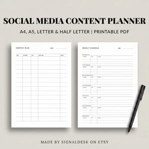 Może przedstawiać: Planer treści w mediach społecznościowych z tekstem "SOCIAL MEDIA CONTENT PLANNER" u góry. Planer zawiera plan treści i harmonogram tygodniowy. Czarny długopis spoczywa po prawej stronie. Dostępny w rozmiarach A4, A5, Letter & Half Letter.