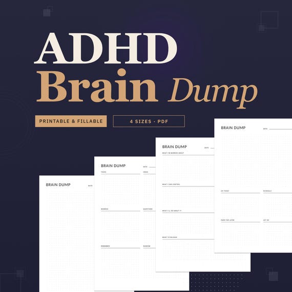 ADHD Brain Dump Printable, 4 Layouts Brain Dump Planner with Tracker, ADHD Daily Planner Pages, Worry Tracker, A5 Letter Fillable PDF