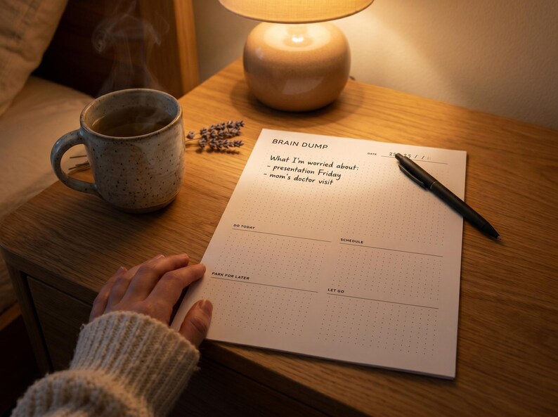 May include: A notepad with the words "Brain Dump" and a list of worries is on a wooden nightstand. A pen rests on the notepad. A mug of tea and a lamp are also on the nightstand.