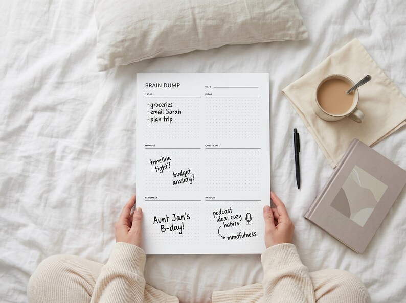 May include: A white Brain Dump notepad with dot grid paper is held by a person. The notepad has sections for tasks, worries, questions, and more. Handwritten notes include "groceries," "email Sarah," and "plan trip." A pen, a book, and a cup of coffee are also visible.