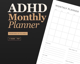 ADHD Monthly Planner Printable & Fillable, Minimalist Adult ADHD Planner Digital, Undated Monthly Calendar, ADHD Organization