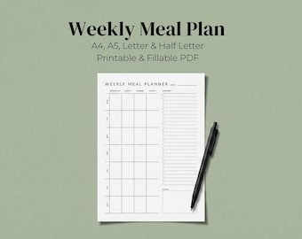 Weekly Meal Planner Printable PDF, Fillable Digital Meal Plan, Sunday & Monday Start, Grocery List
