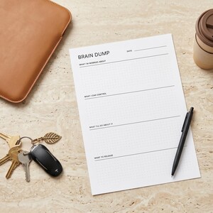 May include: A "Brain Dump" notepad with a black pen, keys, a brown leather case, and a coffee cup. The notepad has prompts for worries, control, actions, and release. The keys include a car key and a decorative leaf charm.
