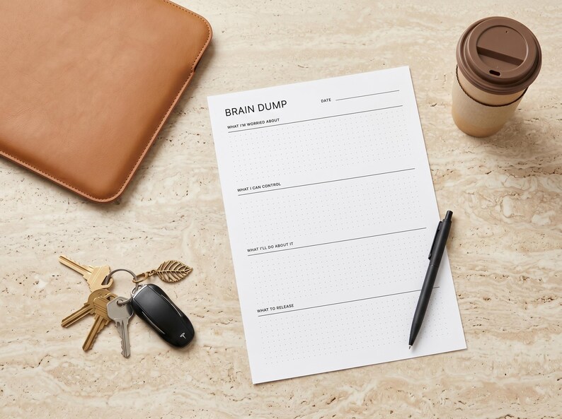 May include: A "Brain Dump" notepad with a black pen, keys, a brown leather case, and a coffee cup. The notepad has prompts for worries, control, actions, and release. The keys include a car key and a decorative leaf charm.