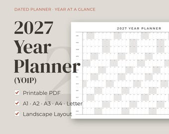 May include: A 2027 year planner in a landscape layout, featuring a dated grid with months listed vertically and days horizontally. The text reads 2027 Year Planner, Dated Planner, Year at a Glance, Printable PDF, A1, A2, A3, A4, Letter, and Y01P.