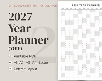 May include: A 2027 year planner in a portrait layout, featuring a dated year-at-a-glance grid. The text reads 2027 Year Planner, Y01P, Printable PDF, A1, A2, A3, A4, Letter, and Portrait Layout. The grid displays months and days in a clean format.
