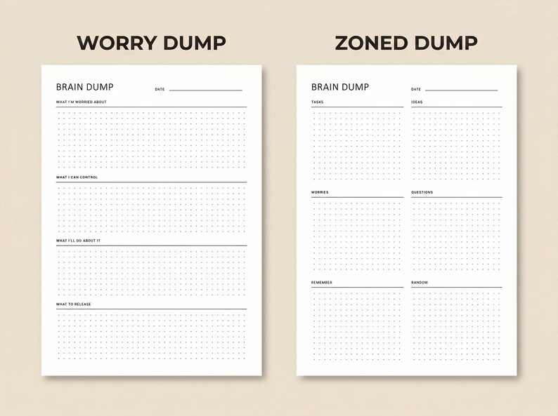 May include: Two white paper sheets with black text, labeled "Worry Dump" and "Zoned Dump." The "Worry Dump" sheet has sections for "What I'm Worried About" and "What I Can Control." The "Zoned Dump" sheet has sections for "Tasks" and "Ideas."