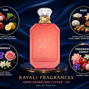 May include: A coral-colored perfume bottle with a crystal top and gold accents, labeled "KAYALI EDEN SPARKLING LYCHEE 39." The image includes illustrations of the fragrance's notes: litchi, black currant, red apple, and lemon. The fragrance family is floral fruity.