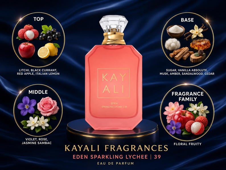 May include: A coral-colored perfume bottle with a crystal top and gold accents, labeled "KAYALI EDEN SPARKLING LYCHEE 39." The image includes illustrations of the fragrance's notes: litchi, black currant, red apple, and lemon. The fragrance family is floral fruity.