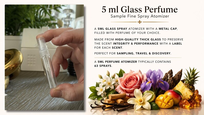 May include: A clear 5 ml glass perfume atomizer with a metal cap, held in a hand. The image includes text describing the atomizer's features and a colorful arrangement of flowers and fruits, including roses, irises, and mangoes.