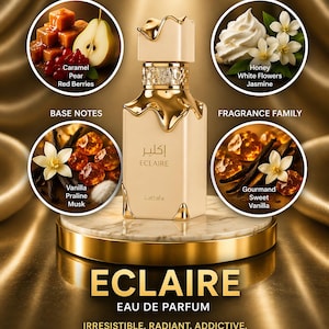 以下が含まれることがあります： 「ECLAIRE Eau de Parfum」とラベルされた、金色のアクセントが付いたベージュ色の香水瓶。画像には、キャラメル、梨、赤いベリー、蜂蜜、白い花、ジャスミン、バニラ、プラリネ、ムスク、スイートバニラの香りのノートを示す円形のインセットが含まれています。