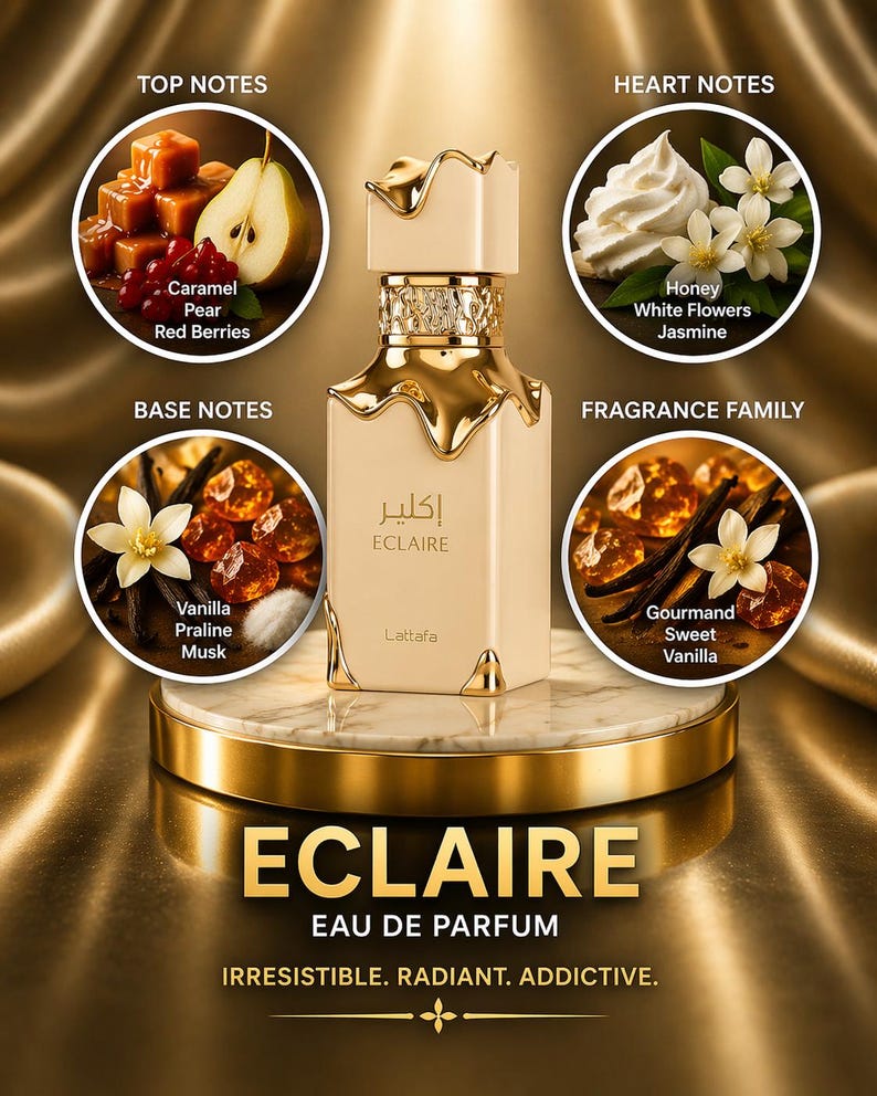 以下が含まれることがあります： 「ECLAIRE Eau de Parfum」とラベルされた、金色のアクセントが付いたベージュ色の香水瓶。画像には、キャラメル、梨、赤いベリー、蜂蜜、白い花、ジャスミン、バニラ、プラリネ、ムスク、スイートバニラの香りのノートを示す円形のインセットが含まれています。