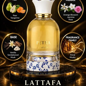 May include: A perfume bottle labelled "PETRA" by Lattafa, featuring a white and blue floral base and a white cap. The fragrance notes are pear, tangerine, orange blossom, jasmine, rose, vanilla, sandalwood, and musk. The fragrance family is floral and musky.