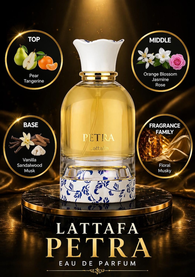 May include: A perfume bottle labelled "PETRA" by Lattafa, featuring a white and blue floral base and a white cap. The fragrance notes are pear, tangerine, orange blossom, jasmine, rose, vanilla, sandalwood, and musk. The fragrance family is floral and musky.