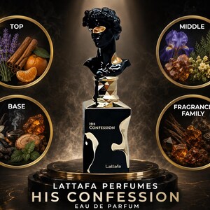 May include: A black perfume bottle with a bust-shaped cap, labeled "His Confession" by Lattafa. The image includes circular insets showing fragrance notes: lavender, cinnamon, orange, iris, amber, vanilla, and incense.
