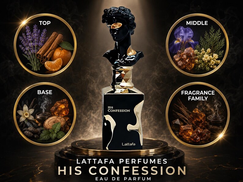 May include: A black perfume bottle with a bust-shaped cap, labeled "His Confession" by Lattafa. The image includes circular insets showing fragrance notes: lavender, cinnamon, orange, iris, amber, vanilla, and incense.