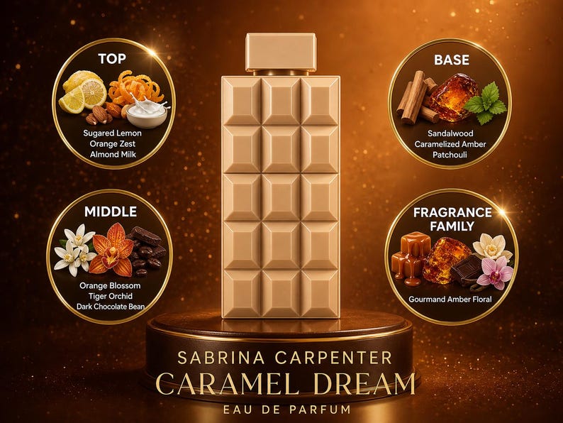 K&ouml;nnte beinhalten: Eine goldfarbene Parf&uuml;mflasche mit strukturiertem Design, pr&auml;sentiert auf einem Podest. Das Bild enth&auml;lt Zutatenangaben in kreisf&ouml;rmigen Rahmen: gezuckerte Zitrone, Orangenschale, Mandelmilch, Orangenbl&uuml;te, Tigerorchidee, dunkle Kakaobohne, Sandelholz, karamellisierter Amber, Patschuli und Gourmand Amber Floral.