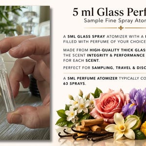 May include: A clear 5 ml glass perfume atomizer with a metal cap, held in a hand. The image includes text describing the atomizer's features and a colorful arrangement of flowers and fruits, including roses, irises, and mangoes.