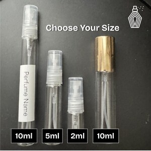 May include: Clear glass perfume atomisers in 10ml, 5ml, and 2ml sizes, with a gold-coloured cap on one 10ml bottle. The text "Choose Your Size" is above the bottles, and "Perfume Name" is on a label on one bottle. The sizes are labeled in black boxes.