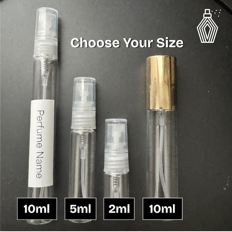 May include: Clear glass perfume atomisers in 10ml, 5ml, and 2ml sizes, with a gold-coloured cap on one 10ml bottle. The text "Choose Your Size" is above the bottles, and "Perfume Name" is on a label on one bottle. The sizes are labeled in black boxes.